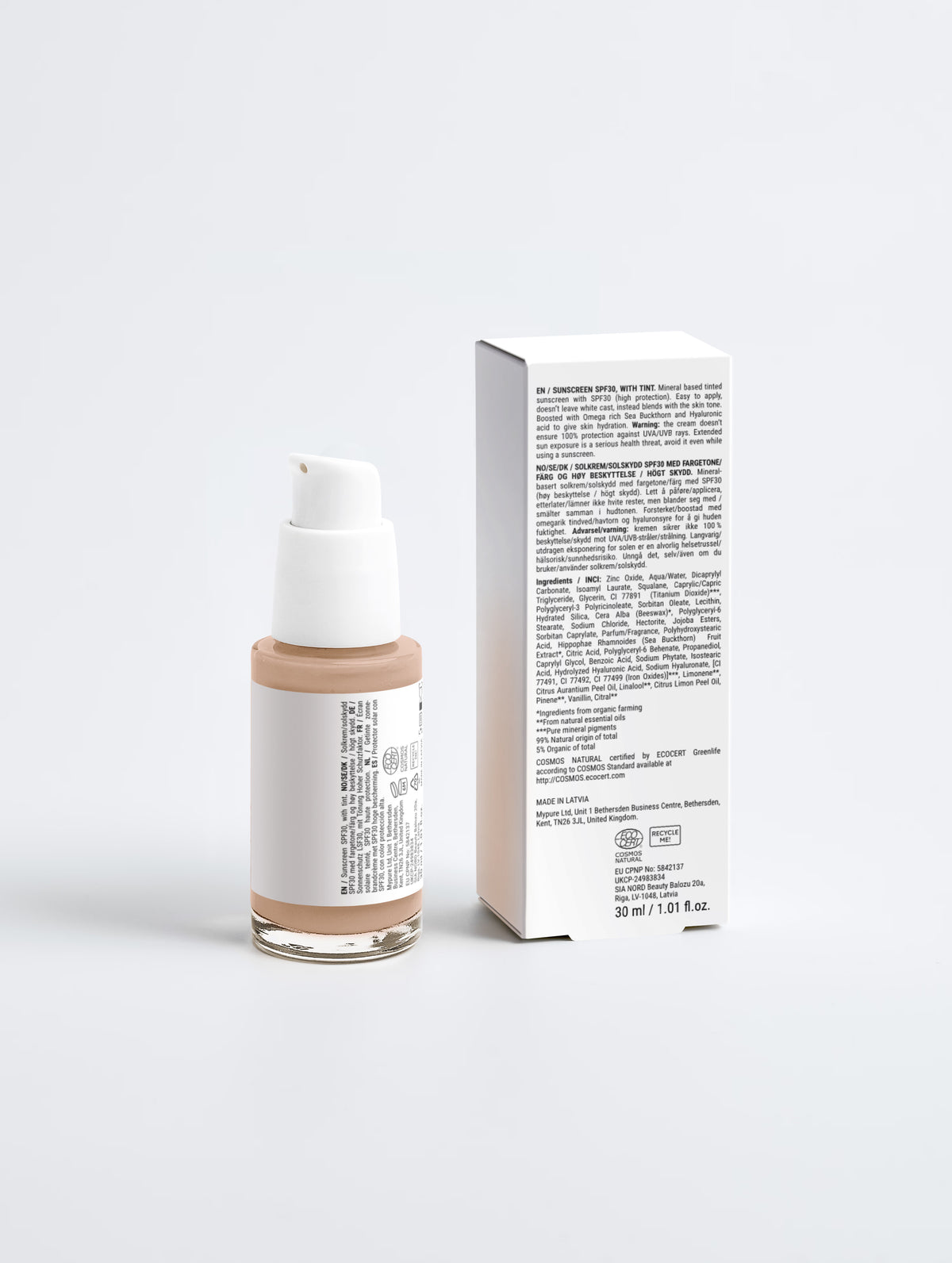 Elvora Tinted SPF30, back label and ingredients