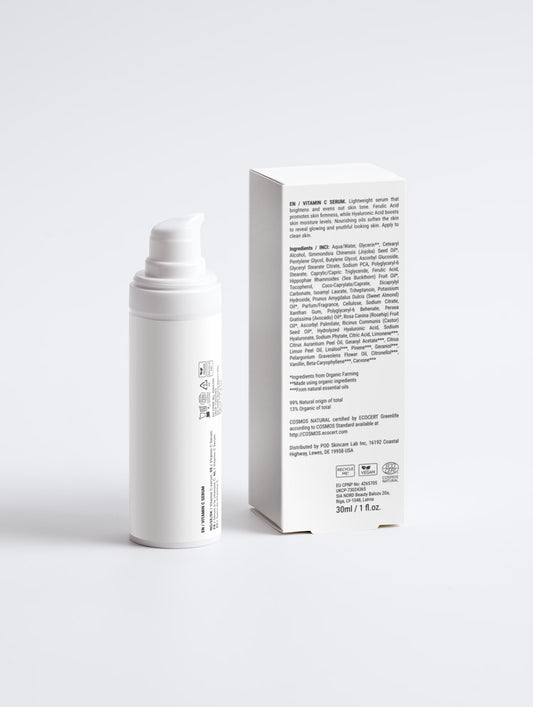 Elvora Vitamin C Brightening Serum, back label and ingredients