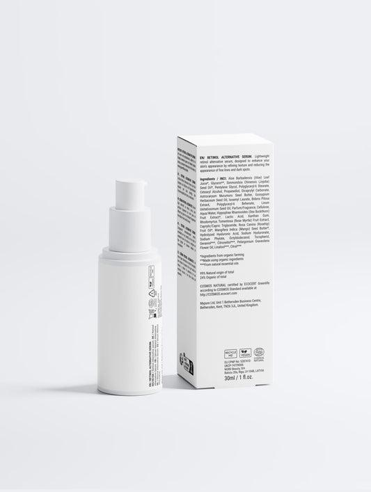 Elvora Retinol-Alternative Oil Serum, back label and ingredients